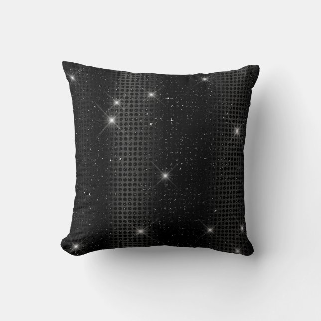 Black Metallic Foil & Glitter Glam Dots Throw Pillow (Front)