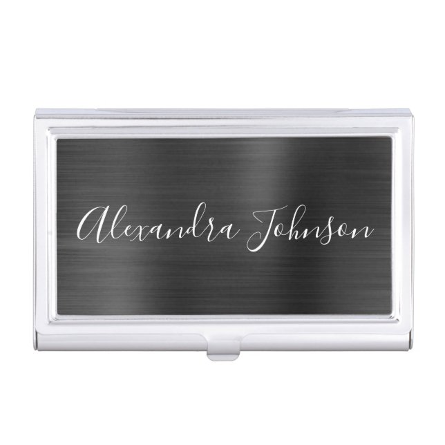 Black Metallic Foil Modern Business Card Case (Front)