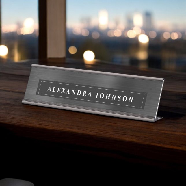 Black Metallic Foil Modern Elegant Business Desk Name Plate (Creator Uploaded)
