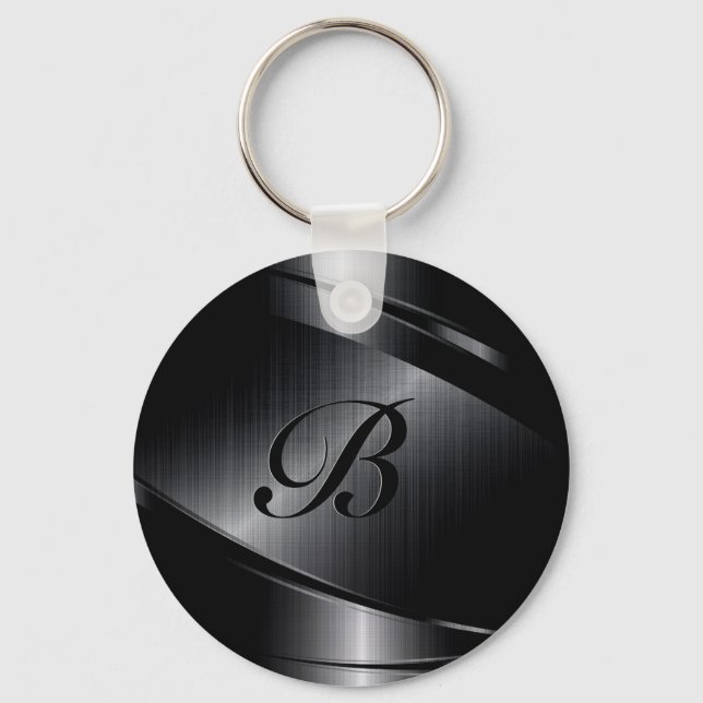 Black Metallic Geometric Design Monogram Keychain (Front)