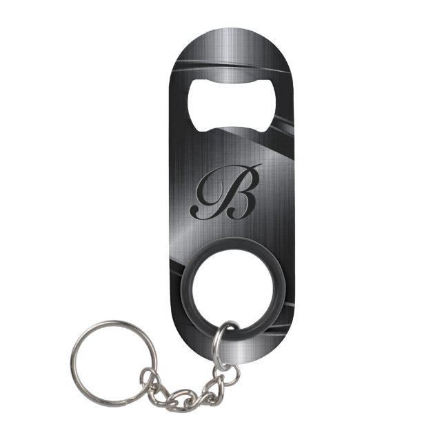Black Metallic Geometric Design Monogram Keychain Bottle Opener (Front)