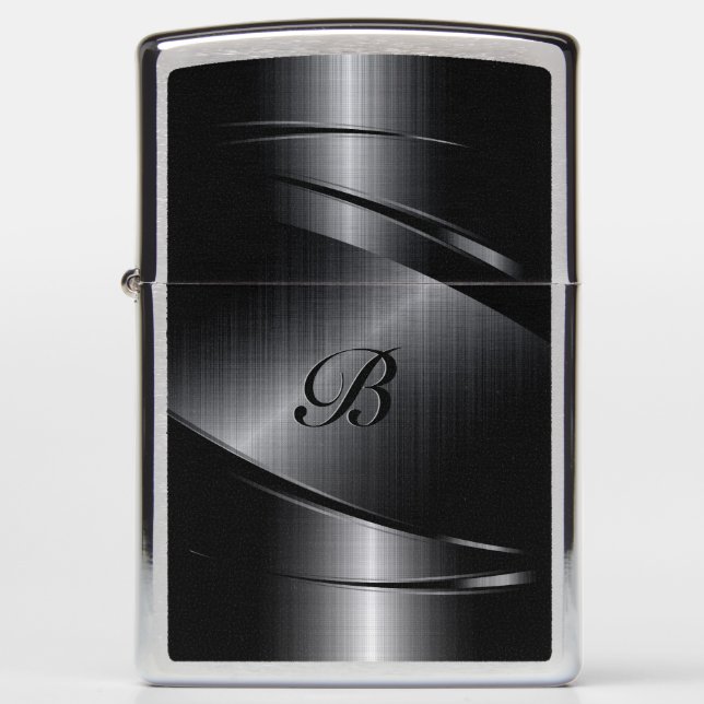 Black Metallic Geometric Design Monogram Zippo Lighter (Front)
