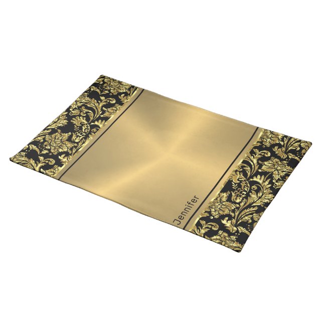 Black & Metallic Gold Brushed Steel And Damask Cloth Placemat (On Table)