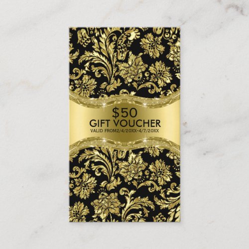 Black Metallic Gold Damasks Gift Voucher Discount Card