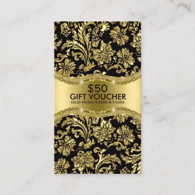 Black Metallic Gold Damasks Gift Voucher Discount Card (Front)