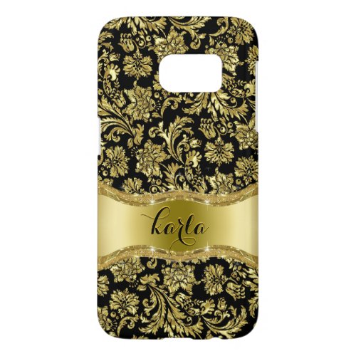 Black  Metallic Gold Floral Damasks Pattern Samsung Galaxy S7 Case