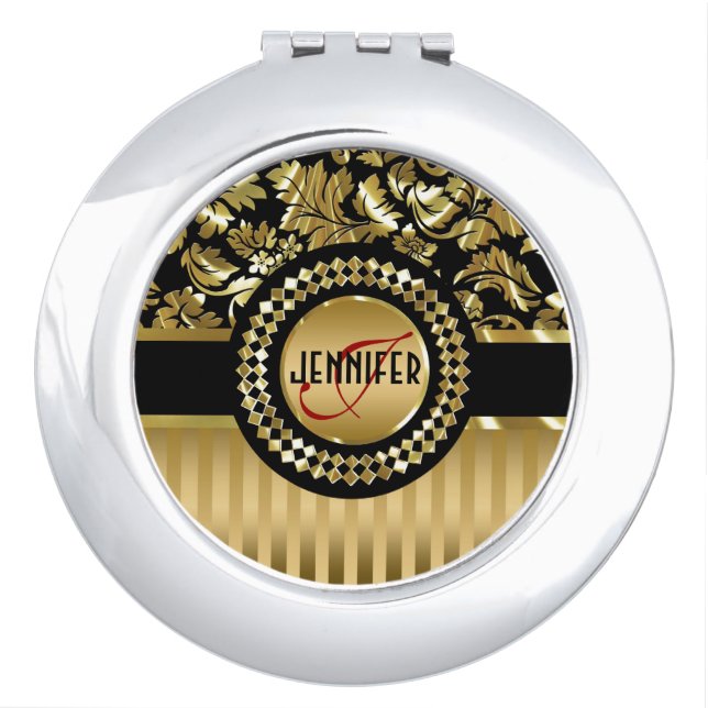 Black & Metallic Gold Floral Damasks & Stripes Compact Mirror (Front)