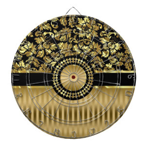 Black & Metallic Gold Floral Damasks & Stripes Dart Board
