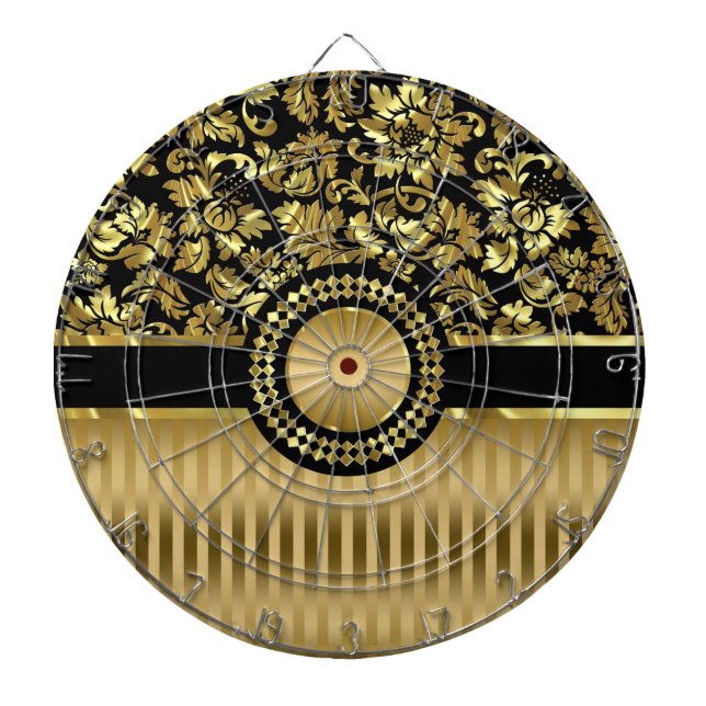 Black & Metallic Gold Floral Damasks & Stripes Dart Board (Front)