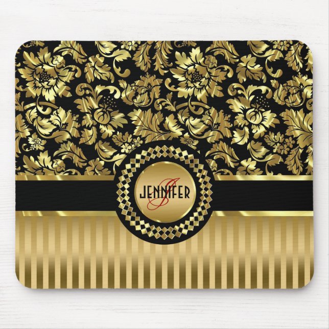 Black & Metallic Gold Floral Damasks & Stripes Mouse Pad (Front)