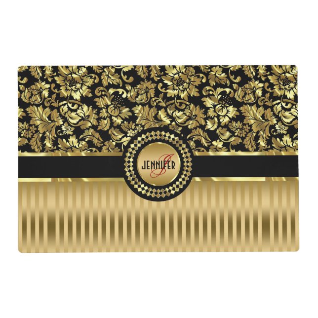 Black & Metallic Gold Floral Damasks & Stripes Placemat (Back)