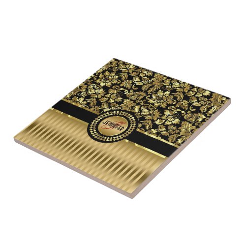 Black  Metallic Gold Floral Damasks  Stripes Tile