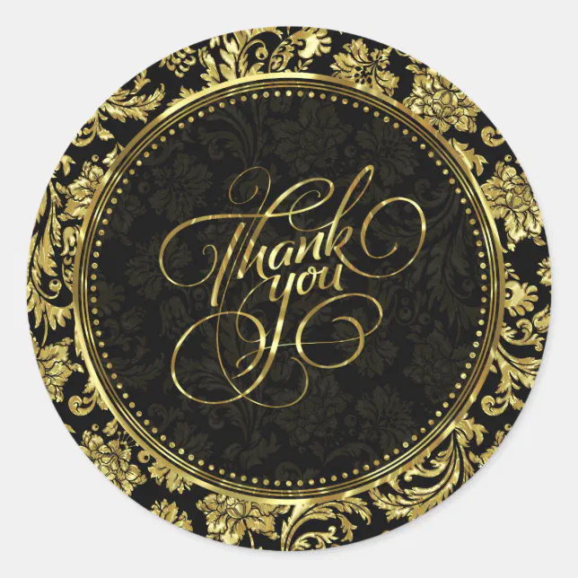 Black & Metallic Gold Floral Damasks Thank You 2a Classic Round Sticker