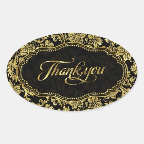 Black  Metallic Gold Floral Damasks Thank You Oval Sticker