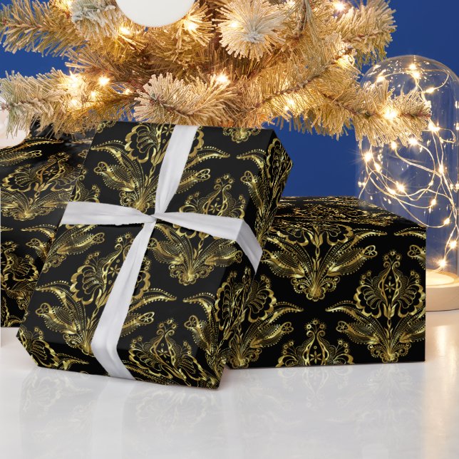 Black & Metallic Gold Look Floral Damasks Pattern Wrapping Paper (Holidays)