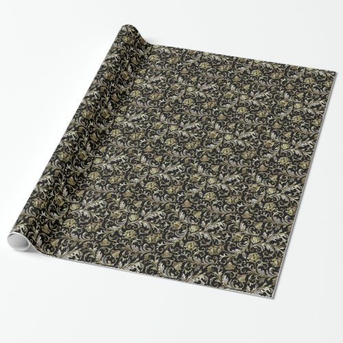 Black  Metallic Gold Silver Floral Damasks Wrapping Paper