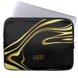 Black &amp; Metallic Gold Swirls Design Laptop Sleeve