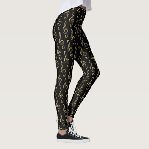 Black Metallic Gold Treble Clef Musical Leggings