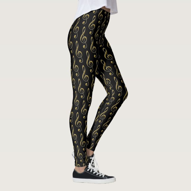 Black Metallic Gold Treble Clef Musical Leggings (Right)