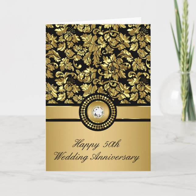 Black & Metallic Gold Vintage Damasks Card (Front)