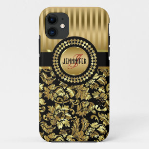 Black & Metallic Gold Vintage Damasks Monogram iPhone 11 Case