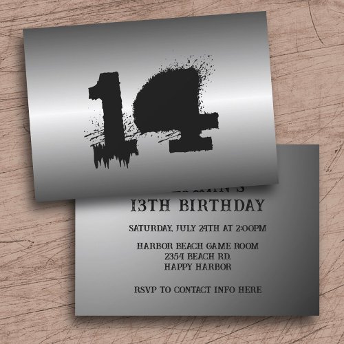 Black Metallic Grunge Boys Birthday Party Invitation