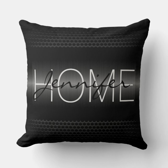 Black Metallic Holes Metal Look Monogram Throw Pillow (Front)