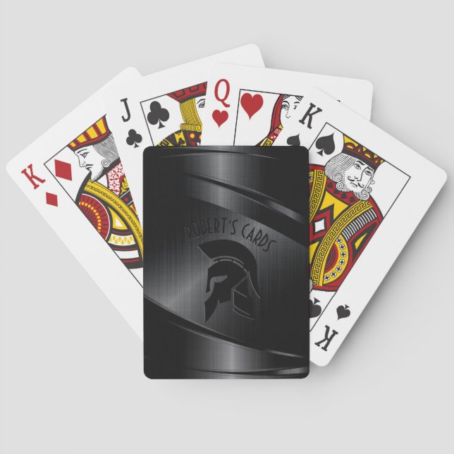 Black Metallic Look Roman Helmet Custom Text Poker Cards (Back)