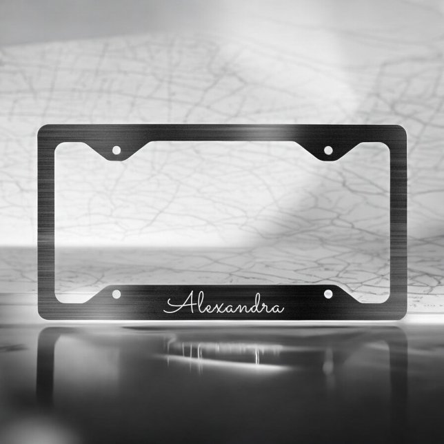 Black Metallic Modern Brushed Metal Monogram License Plate Frame (Creator Uploaded)