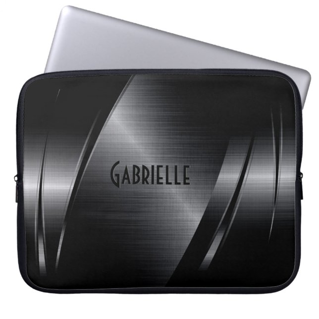 Black Metallic Modern Geometric Design Laptop Sleeve (Front)