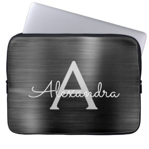 Black Metallic Modern Stainless Steel Monogram Laptop Sleeve