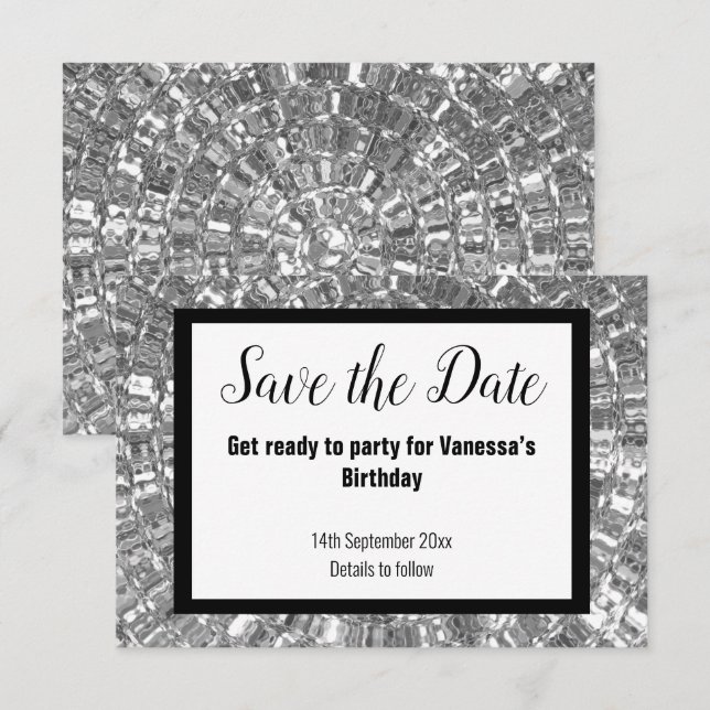 BLACK METALLIC PARTY SAVE THE DATE White Announcement (Front/Back)