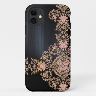 Black Metallic Pink Glitter Damask iPhone 11 Case