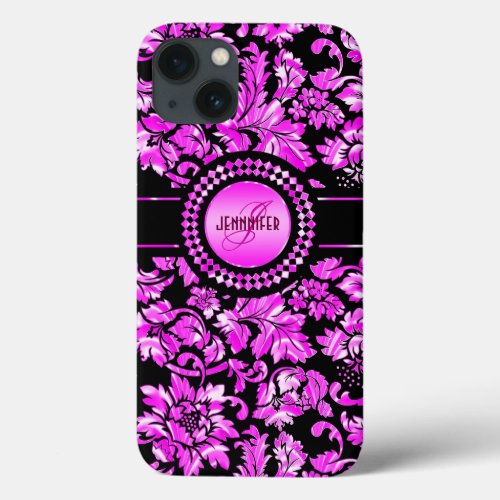 Black  Metallic Pink Vintage Damasks Monogram iPhone 13 Case