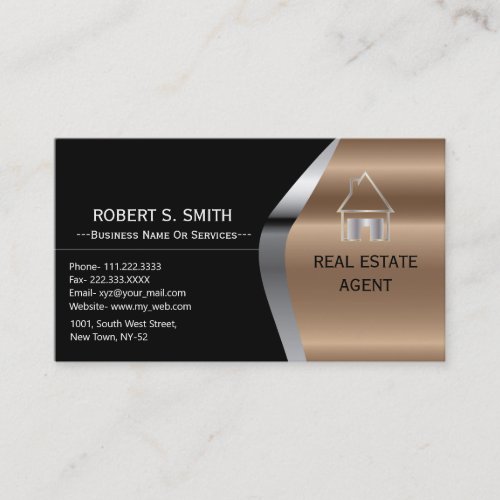 Black Metallic Real Estate agent  Business Card