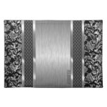 Black &amp; Metallic Silver Brushed Steel And Damask Cloth Placemat at Zazzle