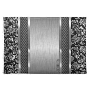 Black & Metallic Silver Brushed Steel And Damask Cloth Placemat