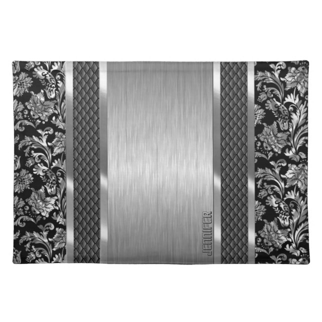 Black & Metallic Silver Brushed Steel And Damask Cloth Placemat (Front)