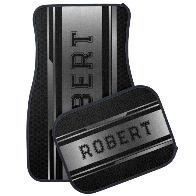 Black & Metallic Silver Geometric Masculine Design Car Floor Mat (Set)