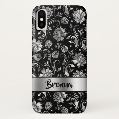 Black  Metallic Silver Gray Damask Pattern iPhone X Case