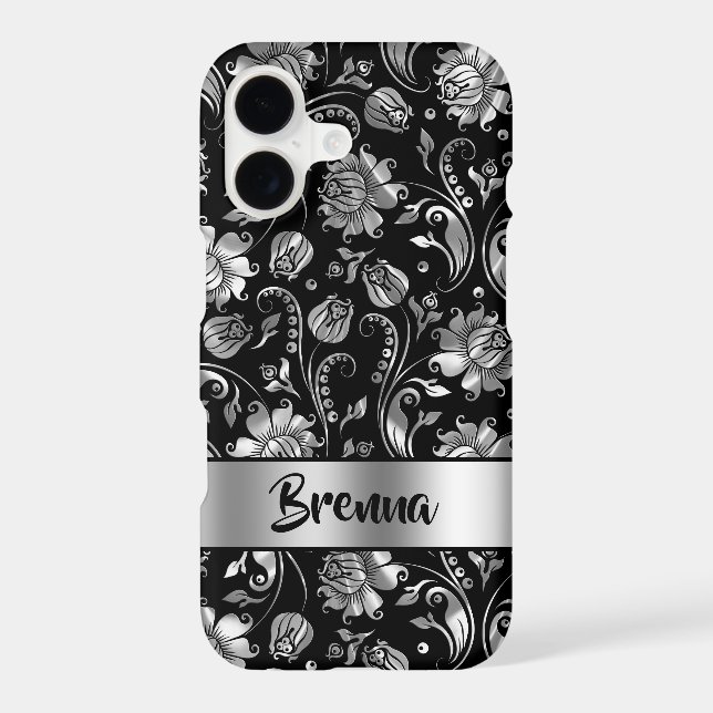 Black & Metallic Silver Gray Damask Pattern Case-Mate iPhone Case (Back)