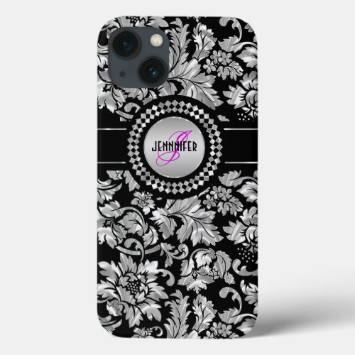 Black  Metallic Silver  Vintage Damasks Monogram iPhone 13 Case