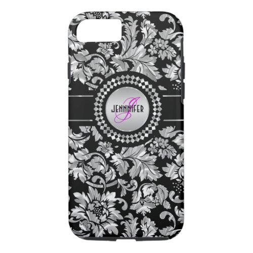 Black  Metallic Silver  Vintage Damasks Monogram iPhone 87 Case