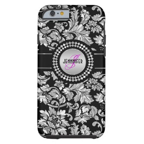 Black  Metallic Silver  Vintage Damasks Monogram Tough iPhone 6 Case