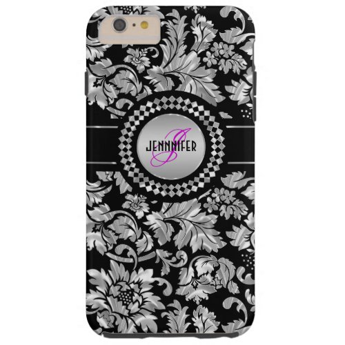 Black  Metallic Silver  Vintage Damasks Monogram Tough iPhone 6 Plus Case