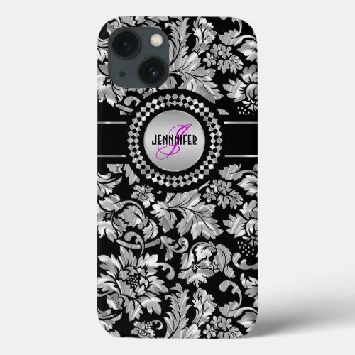 Black  Metallic Silver  Vintage Damasks Monogram iPhone 13 Case