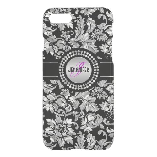 Black  Metallic Silver  Vintage Damasks Monogram iPhone SE87 Case