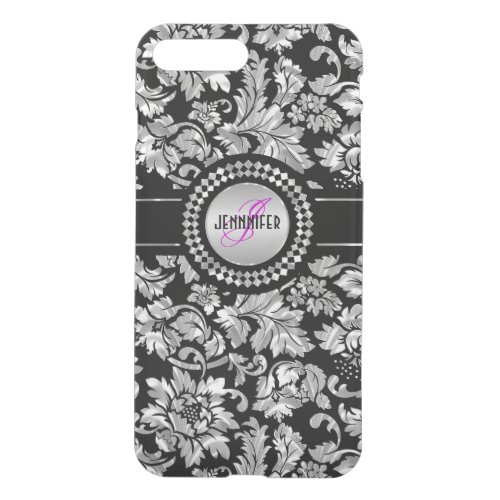 Black  Metallic Silver  Vintage Damasks Monogram iPhone 8 Plus7 Plus Case