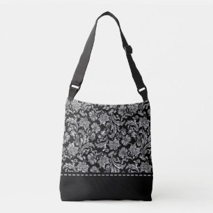 Black & Metallic Silver Vintage Damasks Pattern Crossbody Bag