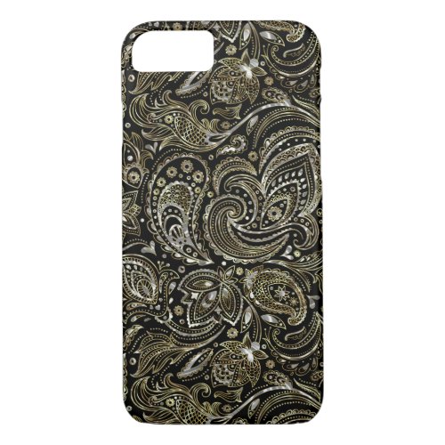Black  Metallic Silver With Gold Floral Paisley iPhone 87 Case